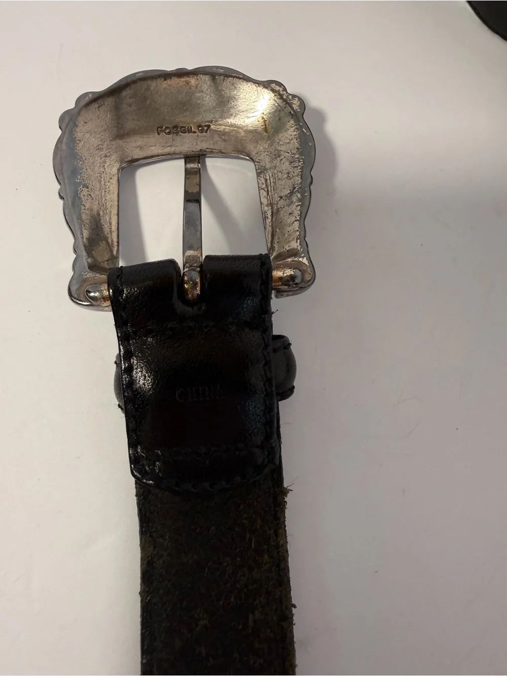 🌵 VTG 1997 Fossil Black Leather Western Buckle & Plaque Belt M 🌵